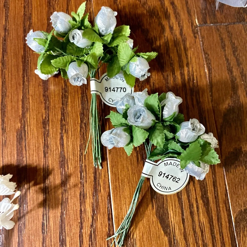 Wedding Set of 9 items artificial flowers and ribbon white silver green